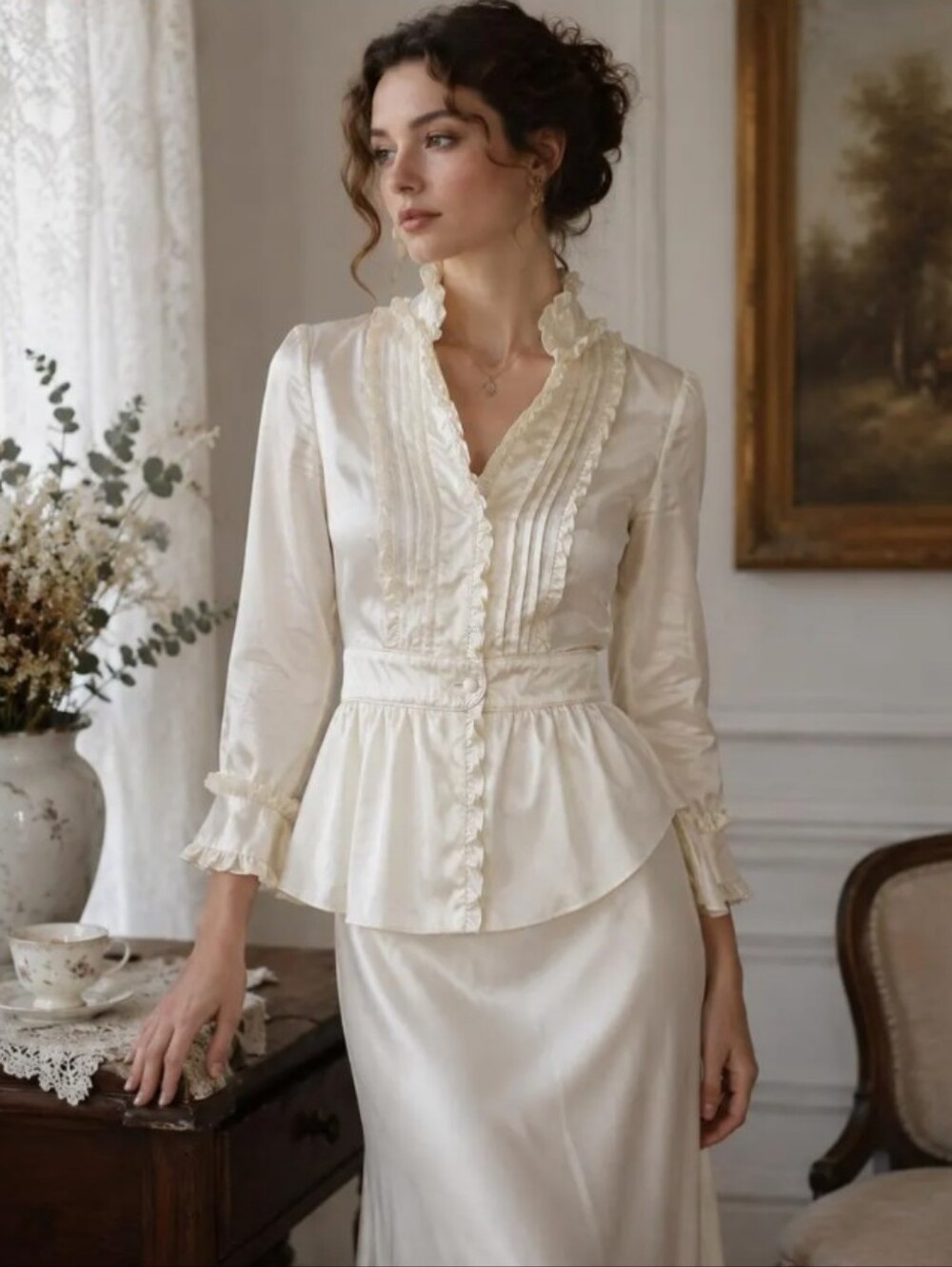 Y2K Coquette Victorian Satin Blouse Whimsigoth Romantic Ivory Ruffle Shirt S/M 6